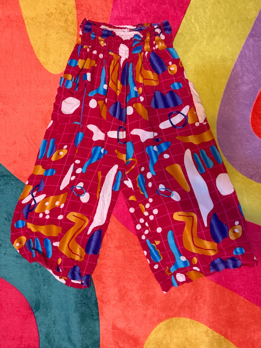 Vintage Multicolor Abstract Print Capris - Red Base with Blue & Yellow Accents